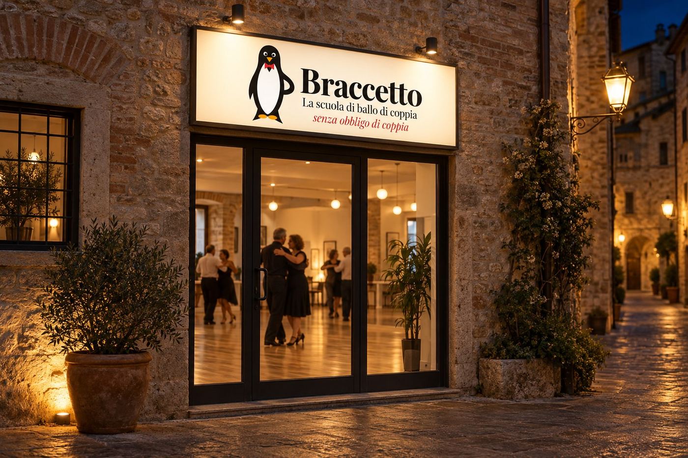 L'ingresso di Braccetto di sera, con l'insegna del pinguino