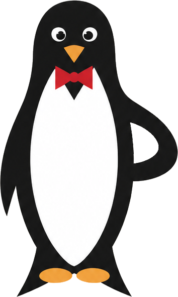 Il pinguino di Braccetto, in frac con il papillon rosso, che offre il braccio