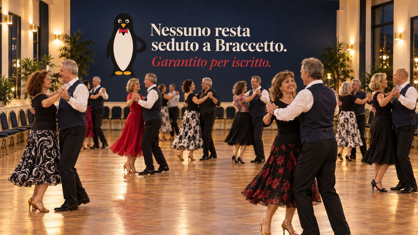 La sala di Braccetto durante una lezione: tutti in pista, il grido sul muro e le sedie vuote